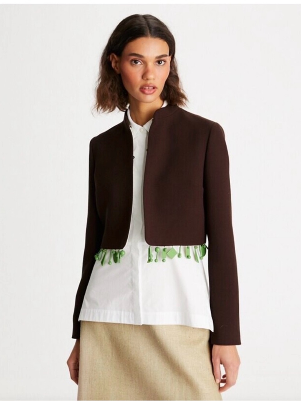 Tory Burch Cropped Wool Brown Jacket with Green Tassel Trim